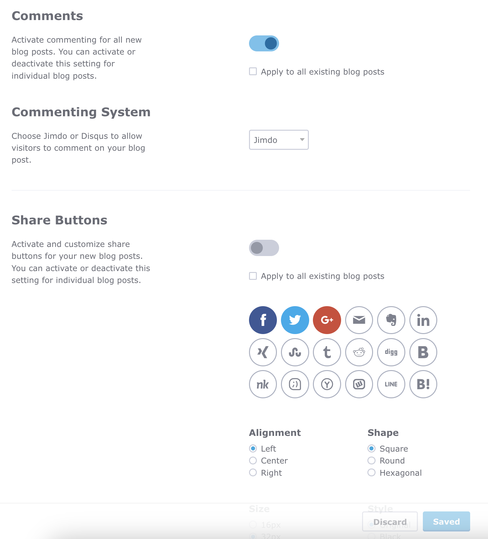 Settings under Menu > Blog > General, showing options to enable comments for blog posts, choose the comment system, and activate social buttons for sharing.
