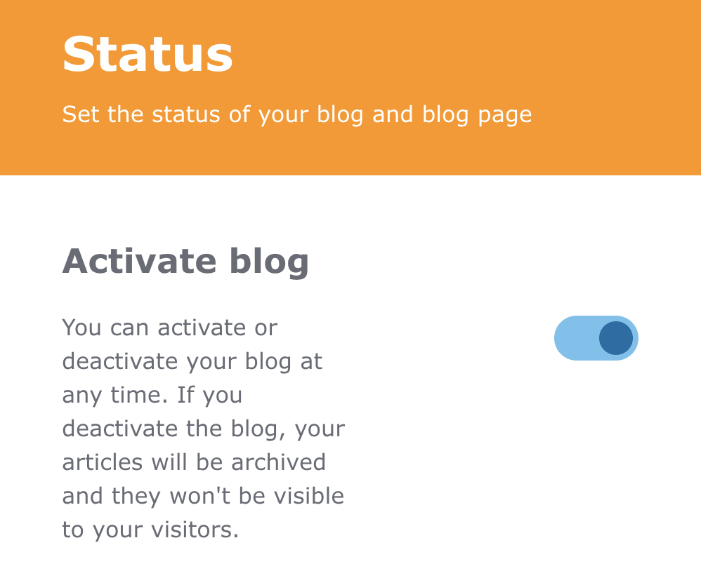 Screenshot of the menu in the Jimdo site editor showing the highlighted switch to activate the blog.