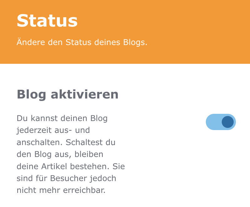 Ausschnitt aus dem Menü in der Bearbeitung der Jimdo Seite mit hervorgehobenem Schalter zum Aktivieren des Blogs.