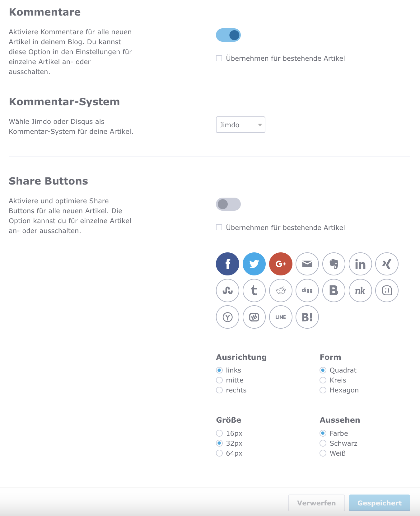 Einstellungen unter Menü > Blog > Allgemein mit Optionen zum Aktivieren von Kommentaren für Blogbeiträge, zur Auswahl des Kommentar-Systems und zum Einschalten der Social-Buttons zum Teilen.