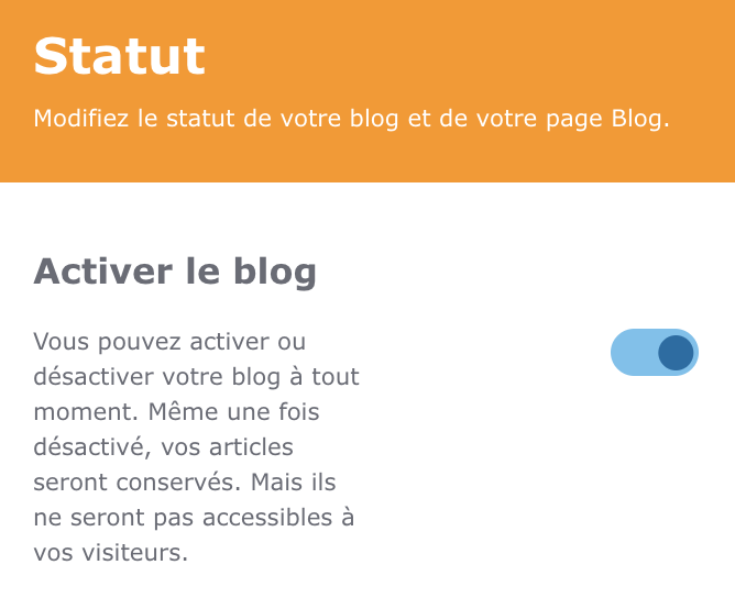 Partie du menu dans l’éditeur de site Jimdo montrant l’interrupteur pour activer le blog.