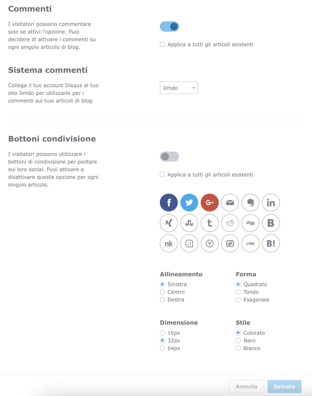 Impostazioni in Menu > Blog > Generale con opzioni per attivare i commenti ai post del blog, scegliere il sistema di commenti e abilitare i pulsanti social per la condivisione.