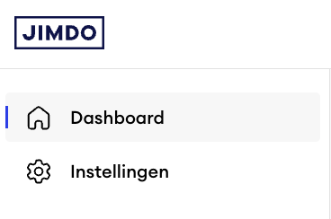 Screenshot van het Jimdo dashboard met een linker zijbalk waarin onder ‘Dashboard’ alleen het menu-item ‘Instellingen’ wordt weergegeven, wat wijst op een Creator website.