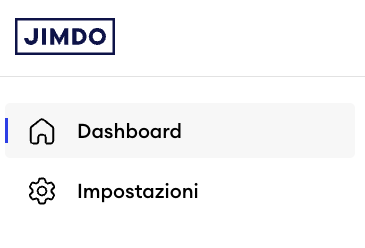 Screenshot della dashboard Jimdo con la barra laterale sinistra che mostra solo la voce ‘Impostazioni’ sotto ‘Dashboard’, indicando un sito Creator.
