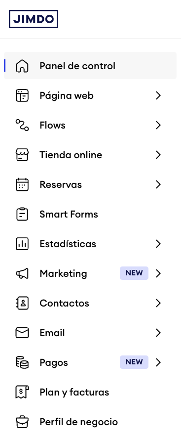 Menú del panel en Jimdo Website Builder con múltiples elementos bajo Dashboard, incluyendo opciones como Flows, Tienda y Reservas
