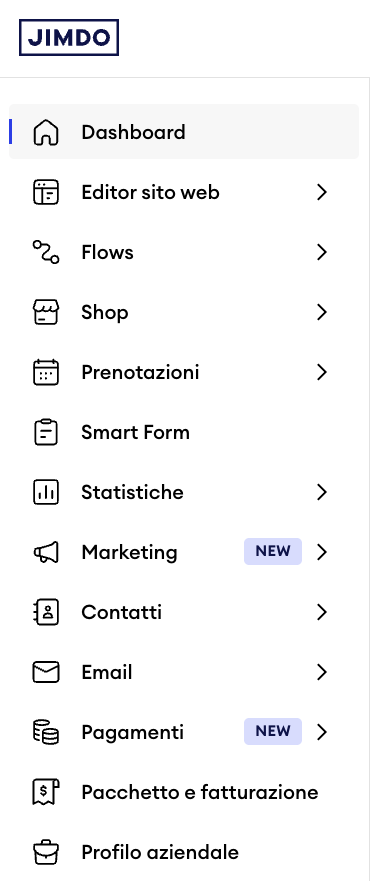 Menu del pannello in Jimdo Website Builder con più elementi sotto Dashboard, inclusi opzioni come Flows, Shop e Prenotazioni