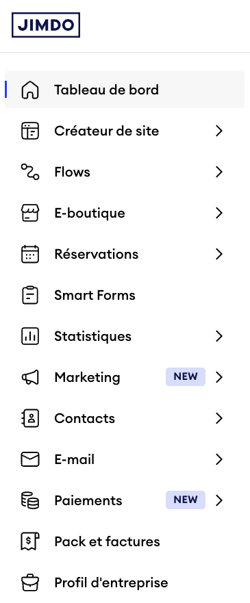 Menu du tableau de bord dans Jimdo Website Builder avec plusieurs éléments sous Dashboard, y compris des options comme Flows, E-boutique et Réservations