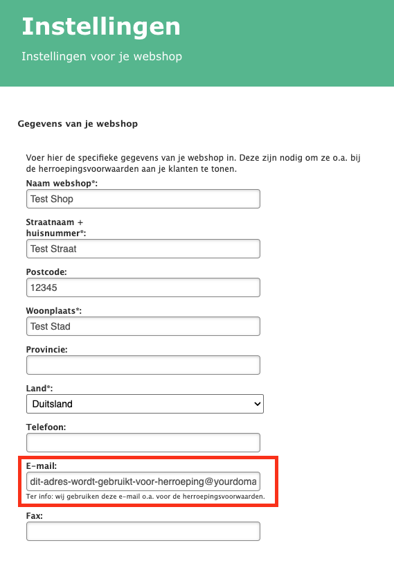 Screenshot die laat zien waar je het winkel e-mailadres kunt vinden onder Menu Winkel Instellingen Jouw winkelinformatie