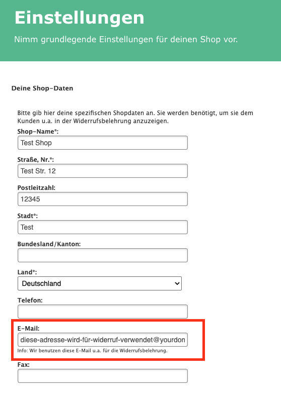Screenshot zeigt, wo die Shop E-Mail-Adresse unter Menu Store Settings Your Store Information zu finden ist