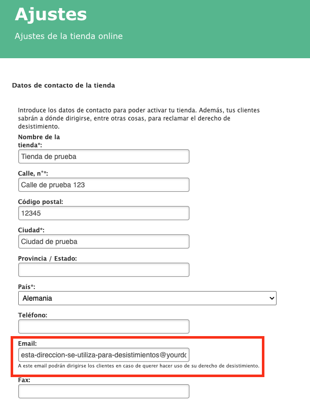 Captura de pantalla que muestra dónde encontrar la dirección de correo de la tienda en Menú Tienda Ajustes Información de tu tienda