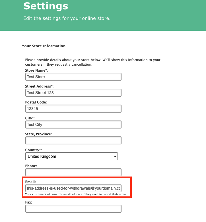 Screenshot che mostra dove trovare l'indirizzo email del negozio in Menu Negozio Impostazioni Informazioni sul tuo negozio