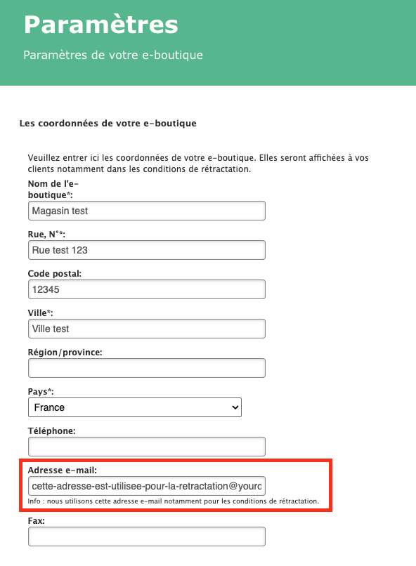 Capture d’écran montrant où trouver l’adresse e-mail de la boutique dans Menu Boutique Paramètres Informations sur votre boutique