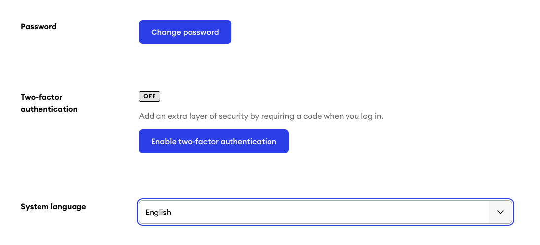 Profile settings with two-factor authentication disabled and a button to activate the feature.