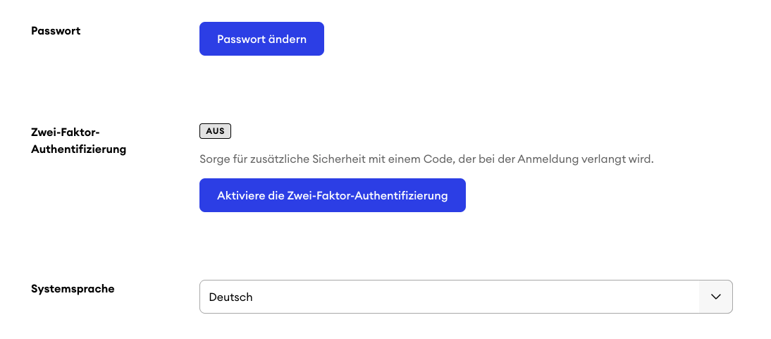 Profileinstellungen mit deaktivierter Zwei-Faktor-Authentifizierung sowie einer Schaltfläche zur Aktivierung der Funktion.