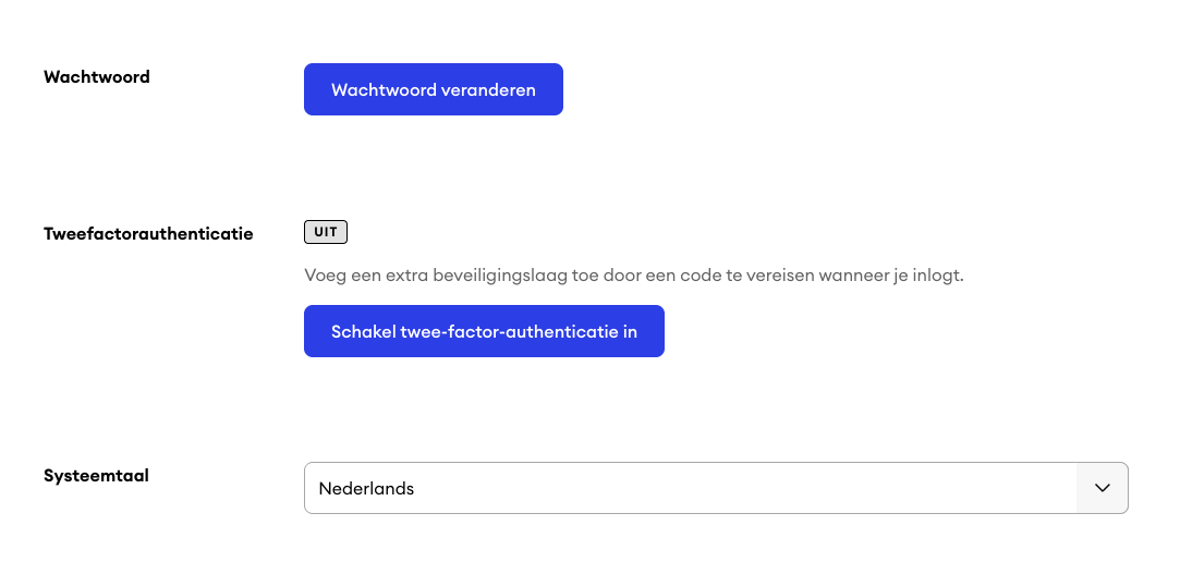 Profielinstellingen met uitgeschakelde twee-factor-authenticatie en een knop om de functie te activeren.