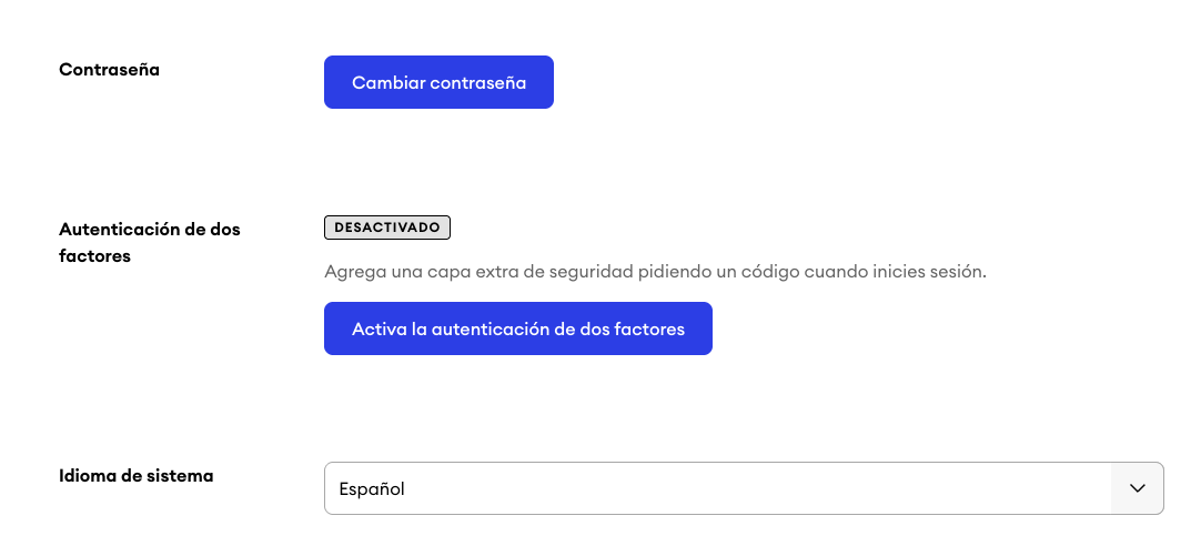 Configuración del perfil con la autenticación en dos factores desactivada y un botón para activar la función.