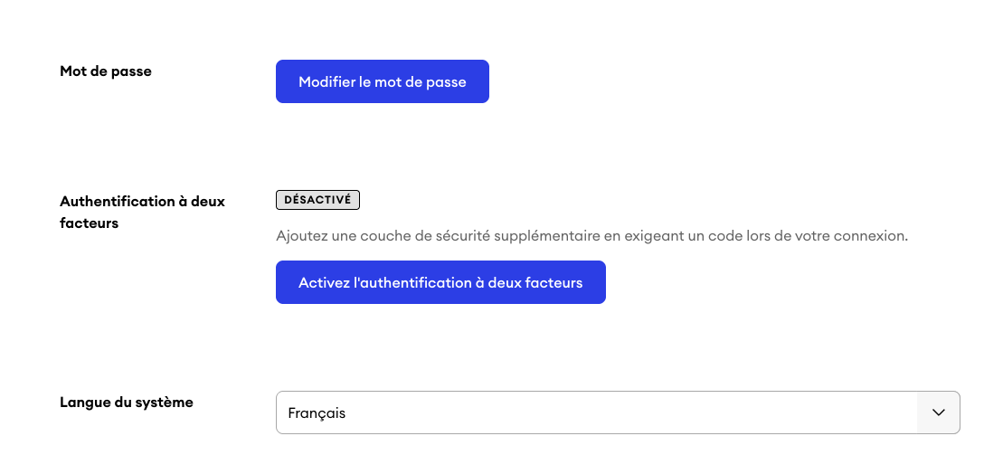 Paramètres du profil avec l’authentification à deux facteurs désactivée  et un bouton pour activer la fonctionnalité.