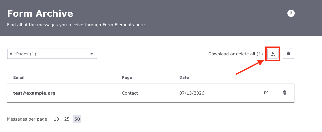 Screenshot of the Form Archive in the Jimdo interface. The download button in the top right corner is highlighted, which allows you to download the entire form archive as a CSV file.