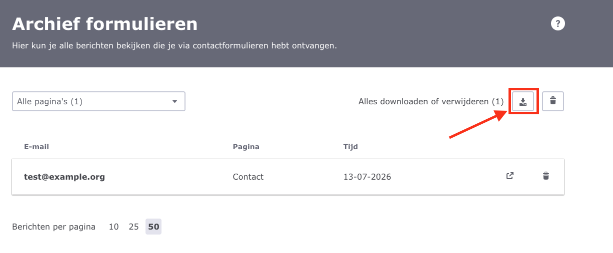 Screenshot van het formulierarchief in de Jimdo interface. De downloadknop rechtsboven is gemarkeerd, waarmee je het volledige formulierarchief als CSV-bestand kunt downloaden.
