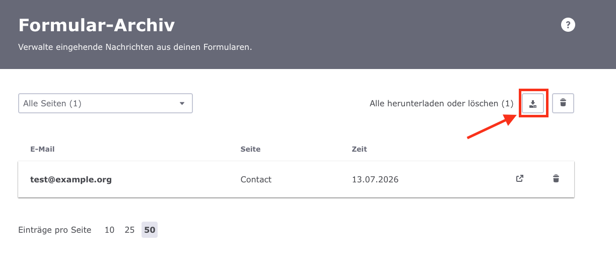 Screenshot des Formular-Archivs in der Jimdo Oberfläche. Oben rechts ist der Download Button hervorgehoben, über den das gesamte Formular-Archiv als CSV Datei heruntergeladen werden kann.