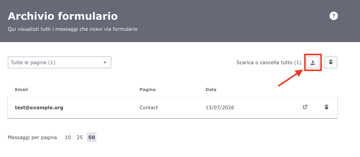 Screenshot dell’archivio formulario nell’interfaccia Jimdo. Il pulsante di download in alto a destra è evidenziato e permette di scaricare l’intero archivio dei messaggi come file CSV.