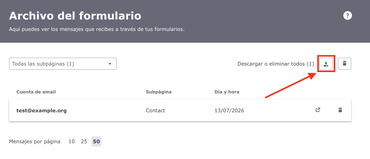 Captura de pantalla del archivo de formularios en la interfaz de Jimdo. El botón de descarga en la esquina superior derecha está resaltado y permite descargar todo el archivo de mensajes como un archivo CSV.