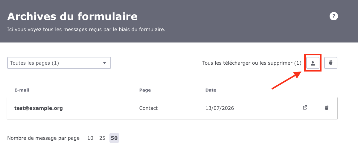 Capture d’écran des archives du formulaire dans l’interface Jimdo. Le bouton de téléchargement en haut à droite est mis en évidence et permet de télécharger l’ensemble des messages sous forme de fichier CSV.