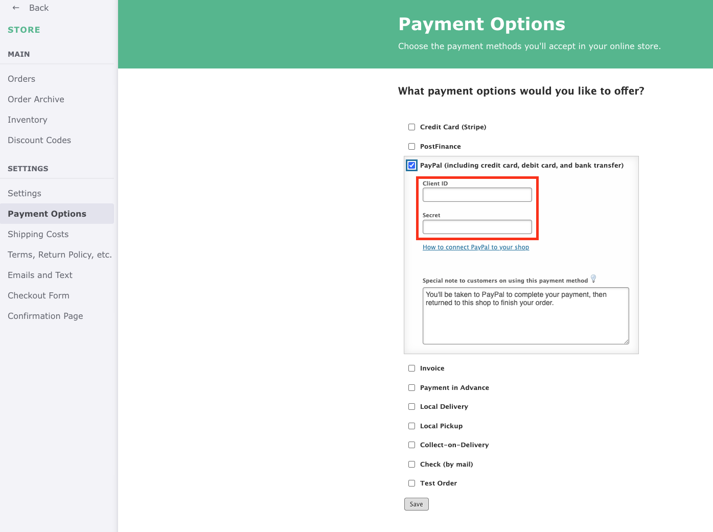 Shop payment options settings with highlighted fields for the PayPal credentials