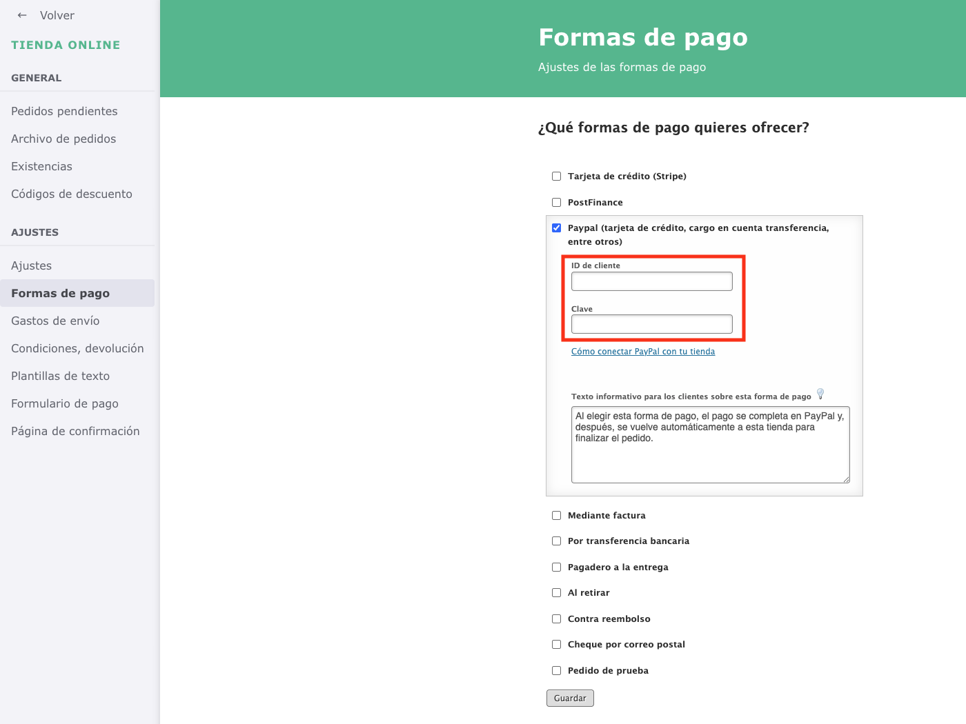 Configuración de las opciones de pago de la tienda con los campos para las credenciales de PayPal resaltados