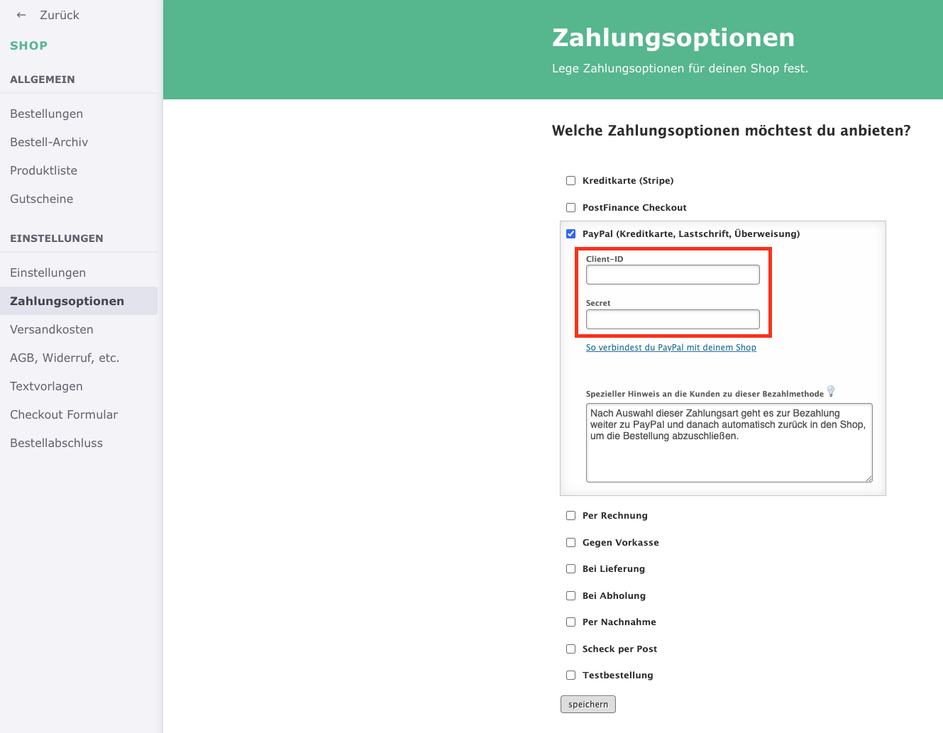 Einstellungen der Zahlungsoptionen im Shop mit markierten Feldern für die PayPal Zugangsdaten