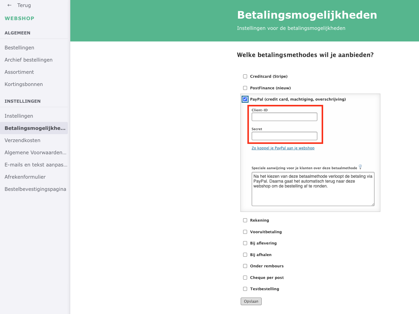 Instellingen voor betalingsopties in de shop met gemarkeerde velden voor de PayPal inloggegevens