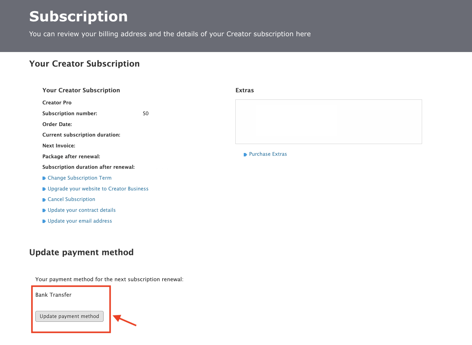 Subscription page showing the Update payment method section highlighted with a red box and arrow.