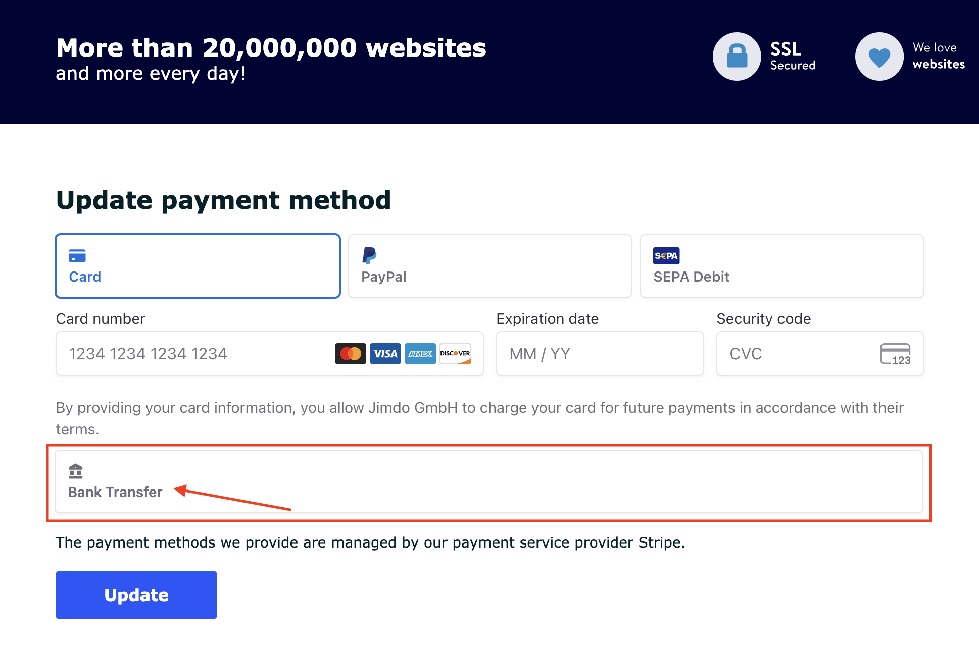 Update payment method page showing the available payment methods, with Bank Transfer highlighted.