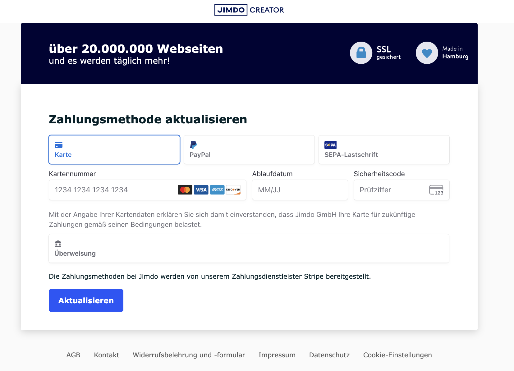 Seite Zahlungsmethode aktualisieren mit den verfügbaren Zahlungsmethoden, wobei die Überweisung hervorgehoben ist.