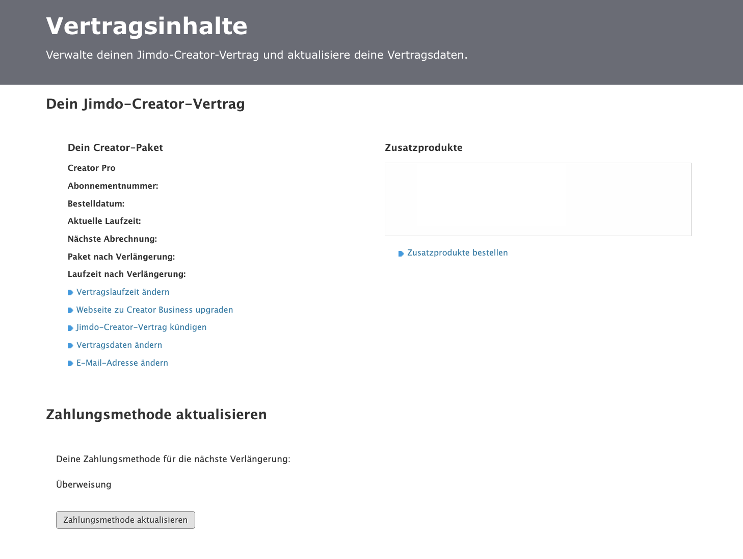 Seite Vertragsinhalte mit dem Bereich Zahlungsmethode aktualisieren, der durch einen roten Rahmen und einen Pfeil hervorgehoben ist.