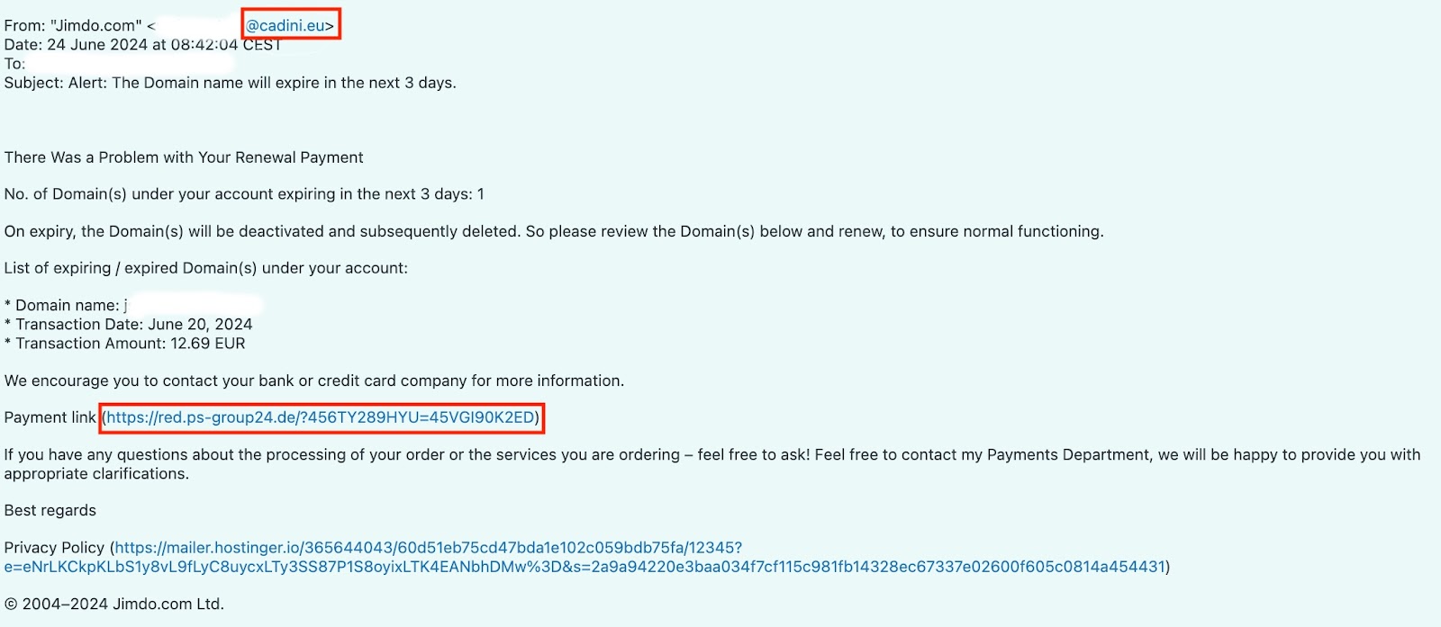Image montrant un exemple d'e-mail de phishing. Le faux expéditeur et un lien contenant une URL frauduleuse sont clairement indiqués par des cadres rouges.