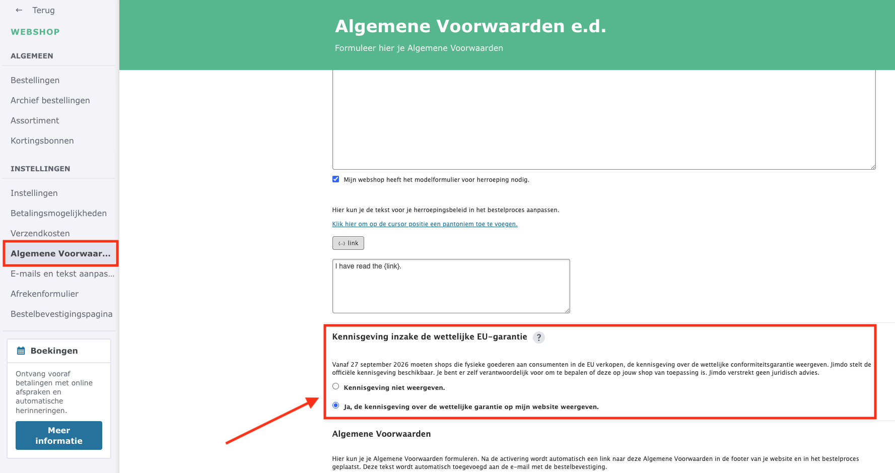Menu in de editor van een Jimdo Creator website met Algemene voorwaarden, retourbeleid, enz. en de instelling voor de kennisgeving over de wettelijke garantie.