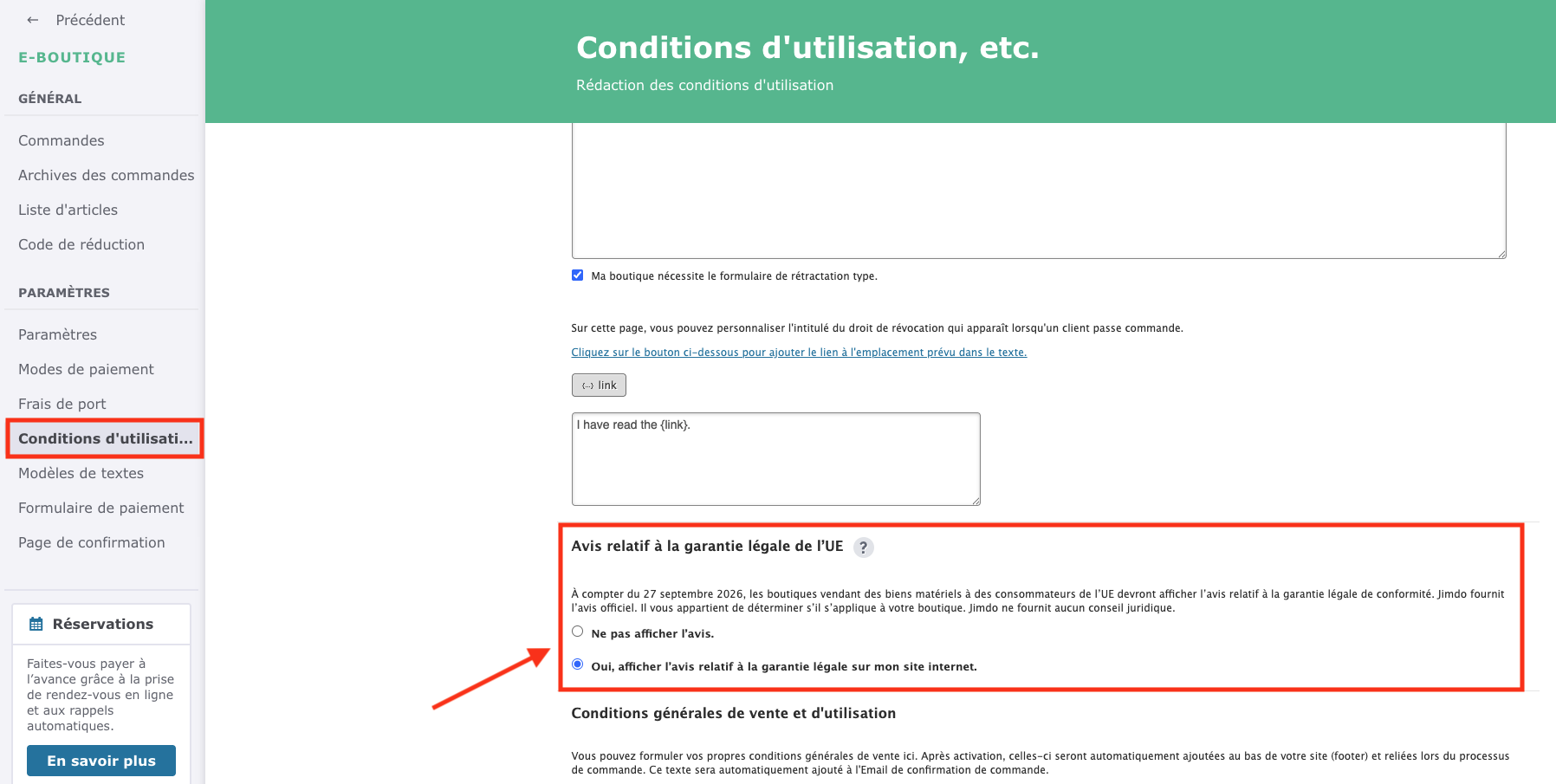 Menu de l’éditeur d’un site Jimdo Creator affichant CGV, politique de retour, etc. et le paramètre de l’information sur la garantie légale.