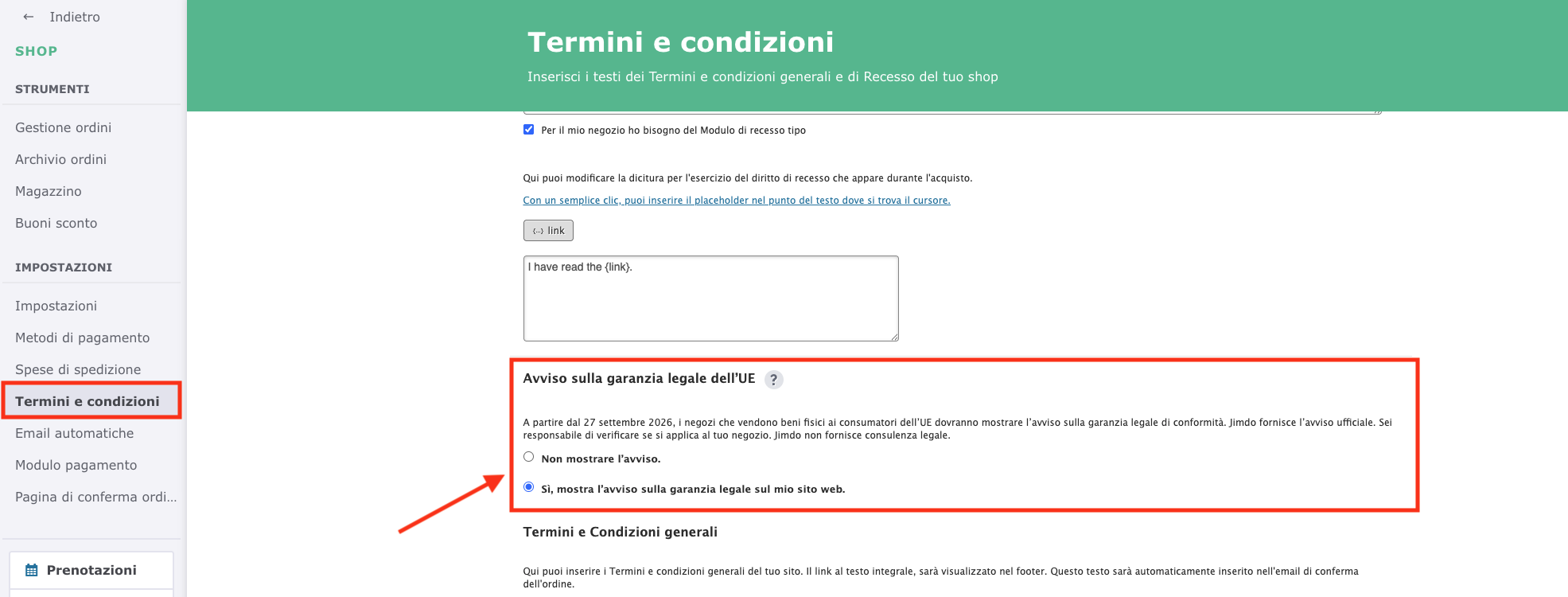 Menu dell'editor di un sito Jimdo Creator che mostra Termini, politica di reso, ecc. e l'impostazione dell'Informativa sulla garanzia legale.
