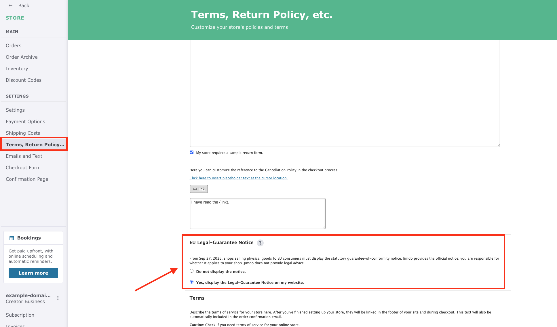 Jimdo Creator website editor menu showing Terms, Return Policy, etc. and the Legal Guarantee Notice setting.