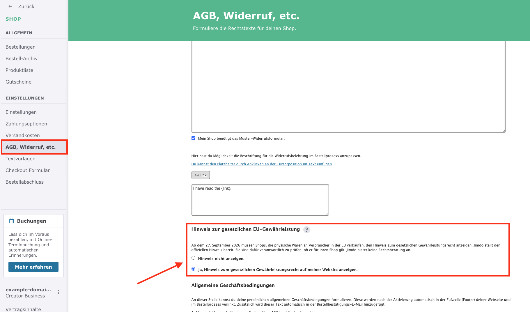 Menü im Editor einer Jimdo Creator Website mit dem Menüpunkt AGB, Widerrufsbelehrung etc. und der Einstellung für den Hinweis zur gesetzlichen Gewährleistung.