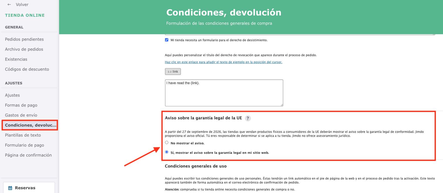 Menú del editor de una página web de Jimdo Creator que muestra Términos, política de devoluciones, etc. y el ajuste del Aviso de garantía legal.