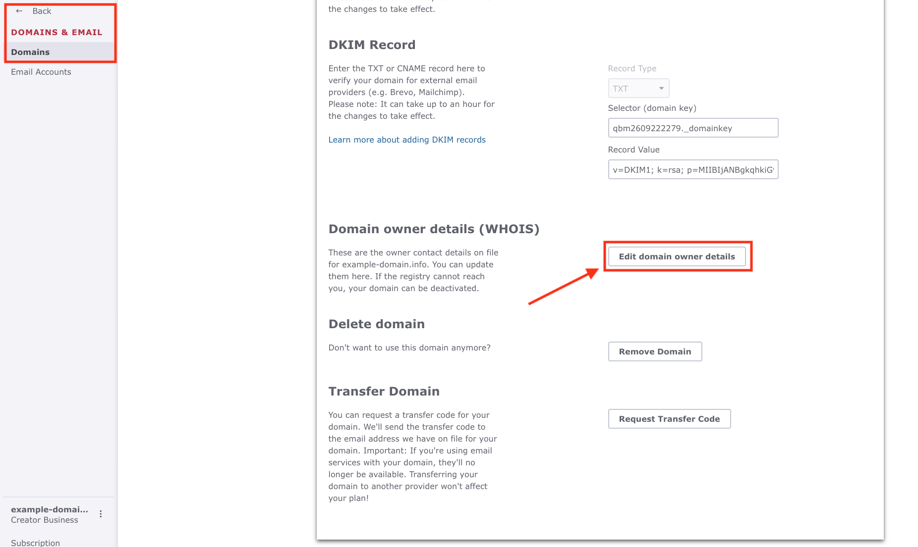 Domain settings in the Jimdo Creator Editor. In the Domain owner details (WHOIS) section, the Edit domain owner details button is highlighted.