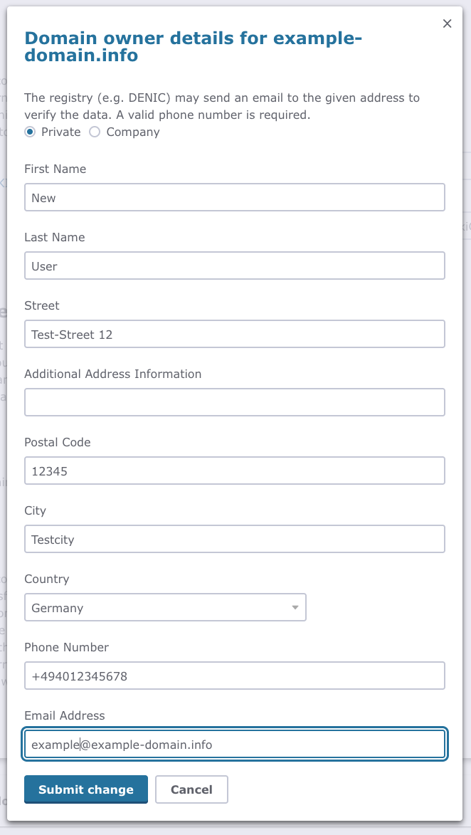 Window with the domain owner details. It shows fields for owner type, name, address, phone number and email address, which you can edit, and a button to submit your changes.