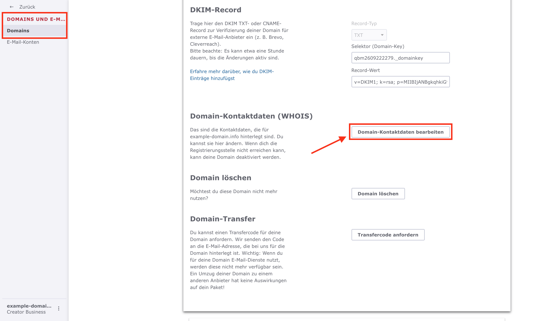 Domain-Einstellungen im Jimdo Creator Editor. Im Bereich Angaben zum Domaininhaber (WHOIS) ist der Button Angaben zum Domaininhaber bearbeiten markiert.