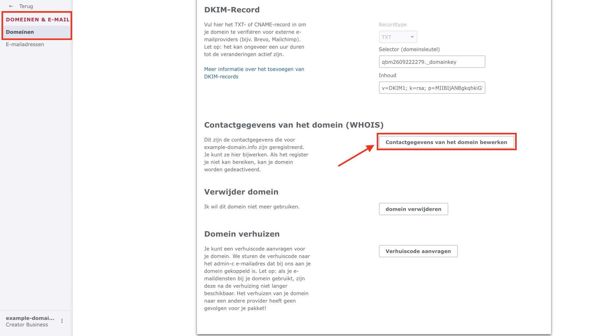 Domeininstellingen in de Jimdo Creator Editor. In het onderdeel Gegevens domeineigenaar (WHOIS) is de knop Gegevens domeineigenaar bewerken gemarkeerd.