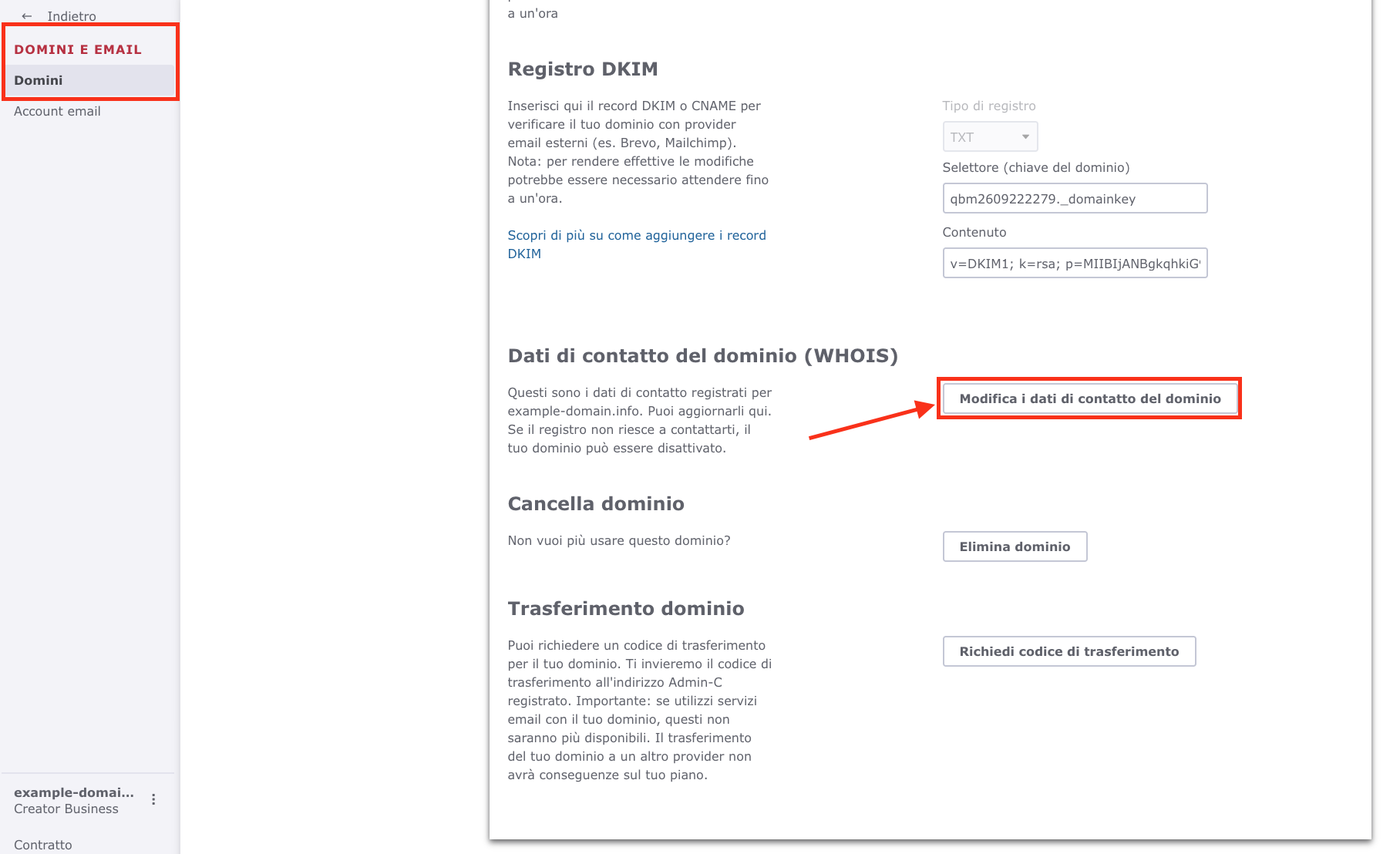 Impostazioni del dominio nell'editor di Jimdo Creator. Nella sezione Dati del titolare del dominio (WHOIS) è evidenziato il pulsante Modifica dati del titolare del dominio.