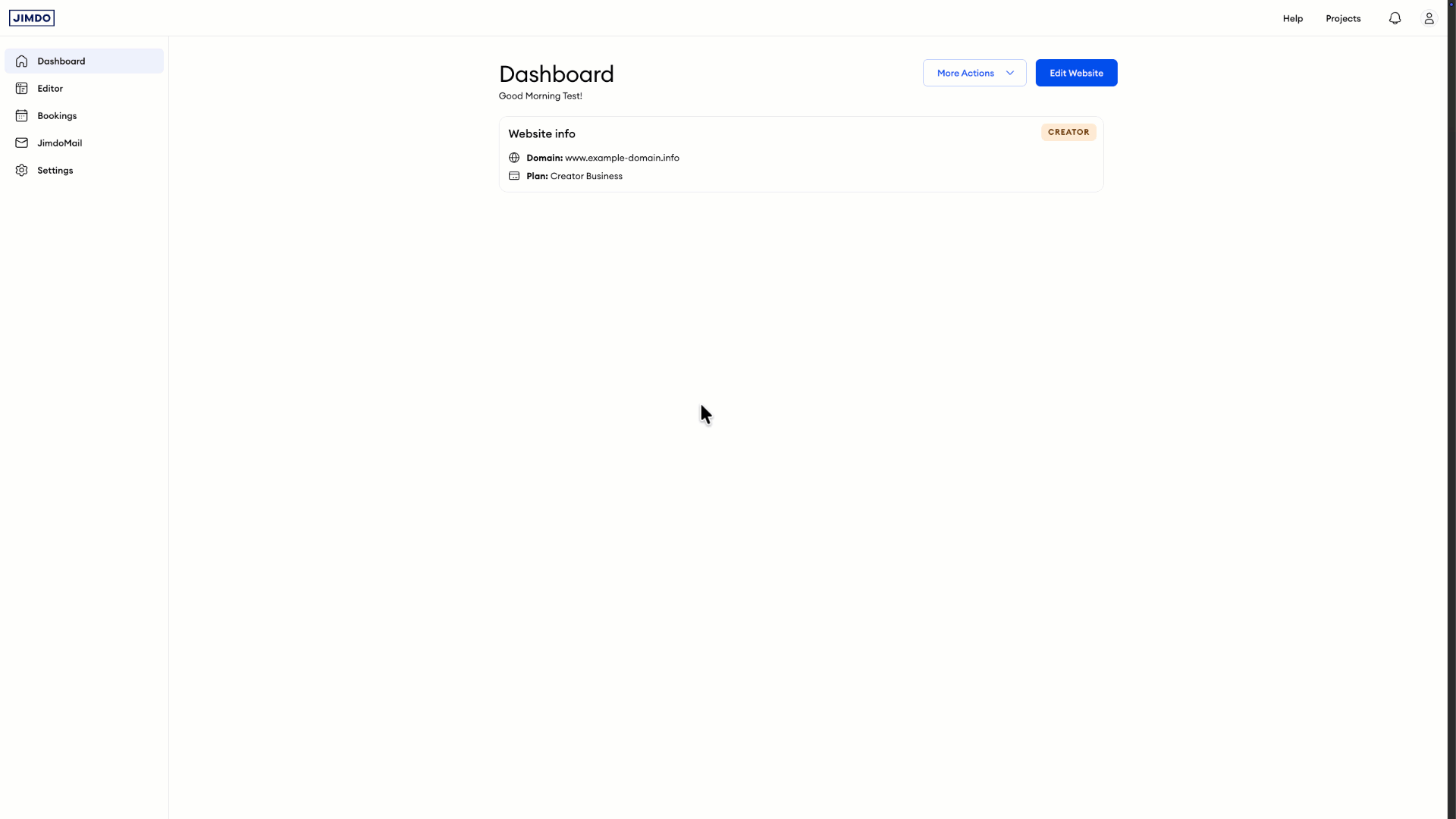 Animation showing how to create the first password for a JimdoMail mailbox: click JimdoMail in the left menu, click Create password next to the email address, enter and confirm the new password, then click Save.