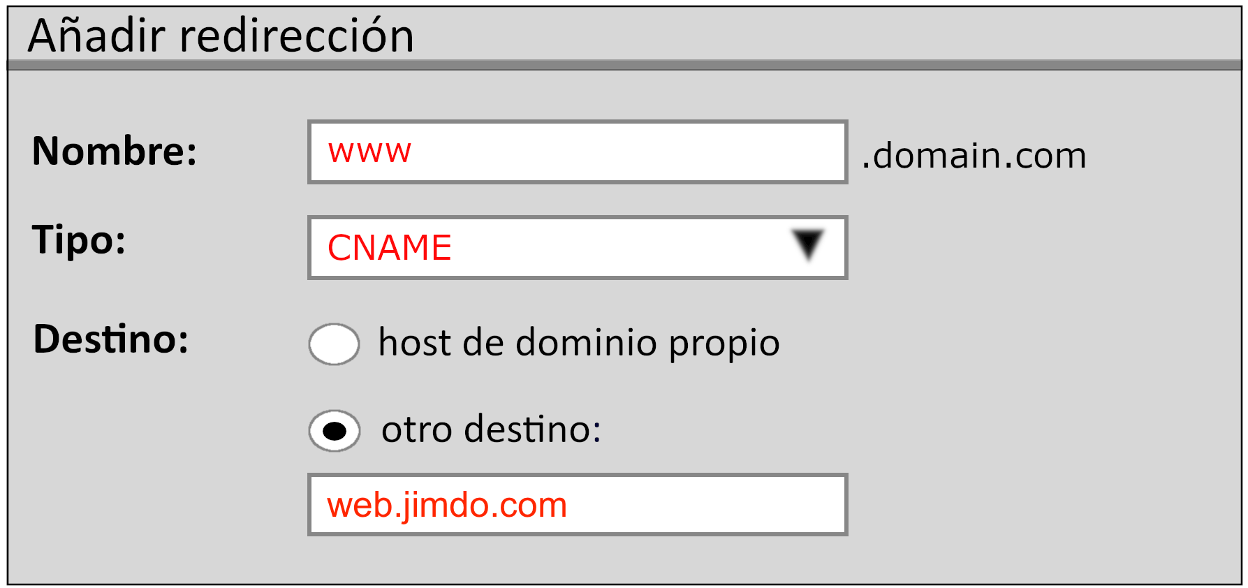 Ilustración de ejemplo de cómo configurar una redirección CNAME en un proveedor de dominios. La imagen muestra cómo un dominio se redirige a la subdominio www. agregando un registro CNAME en la sección de configuración de DNS del proveedor.