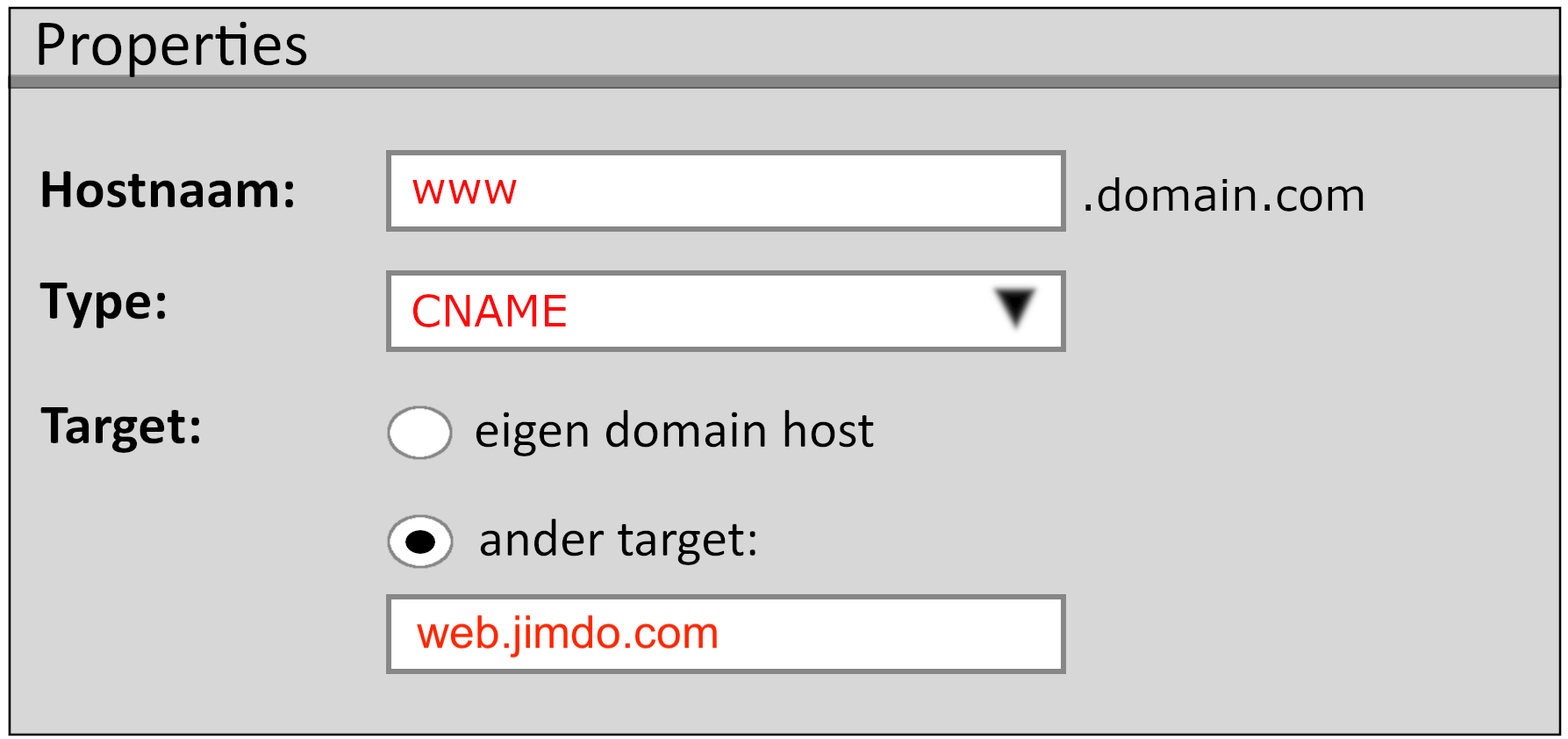 Voorbeeldillustratie van het instellen van een CNAME-omleiding bij een domeinprovider. De afbeelding laat zien hoe een domein wordt doorgestuurd naar de subdomein 'www.' door een CNAME-record toe te voegen in de DNS-instellingen van de provider.